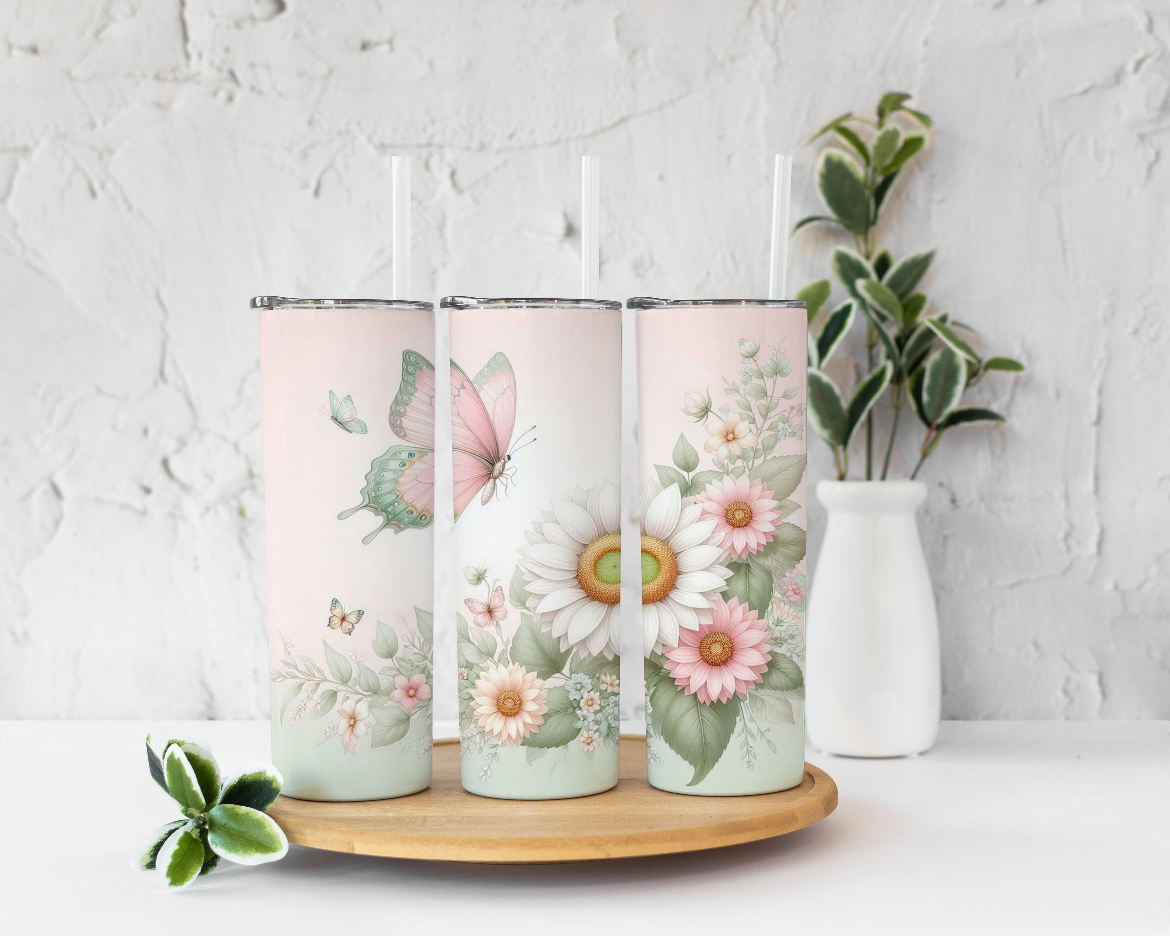 White Sunflower and Butterfly Tumbler Cup 20oz