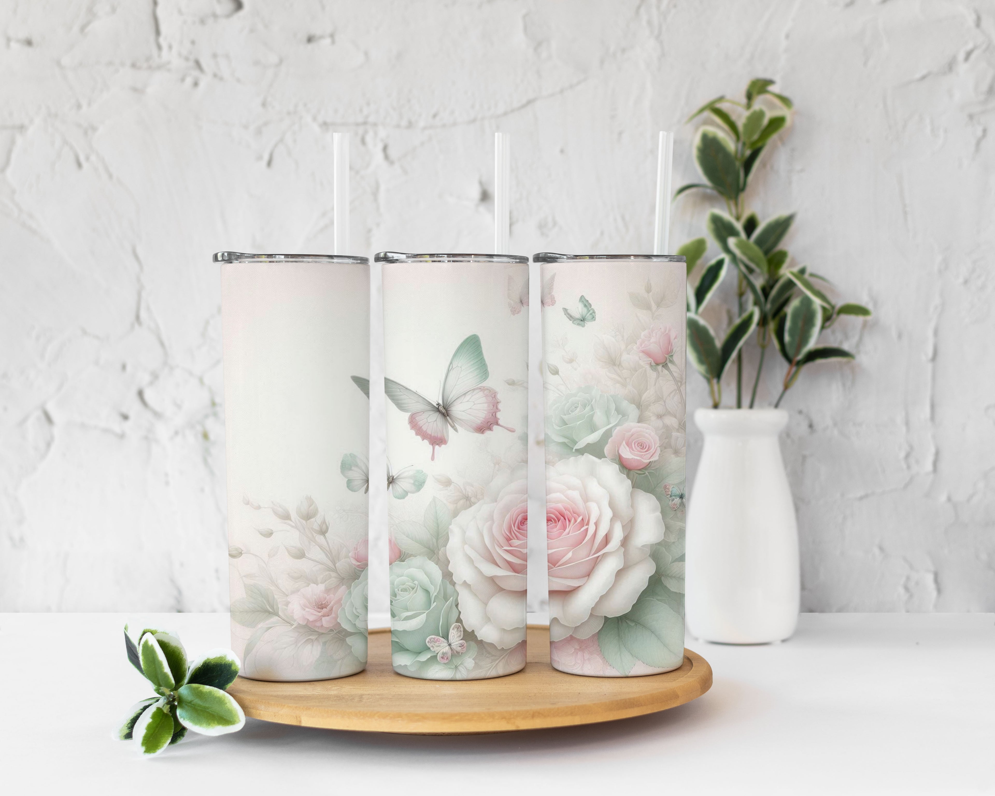 Pastel Rose and Butterfly Tumbler Cup 20oz
